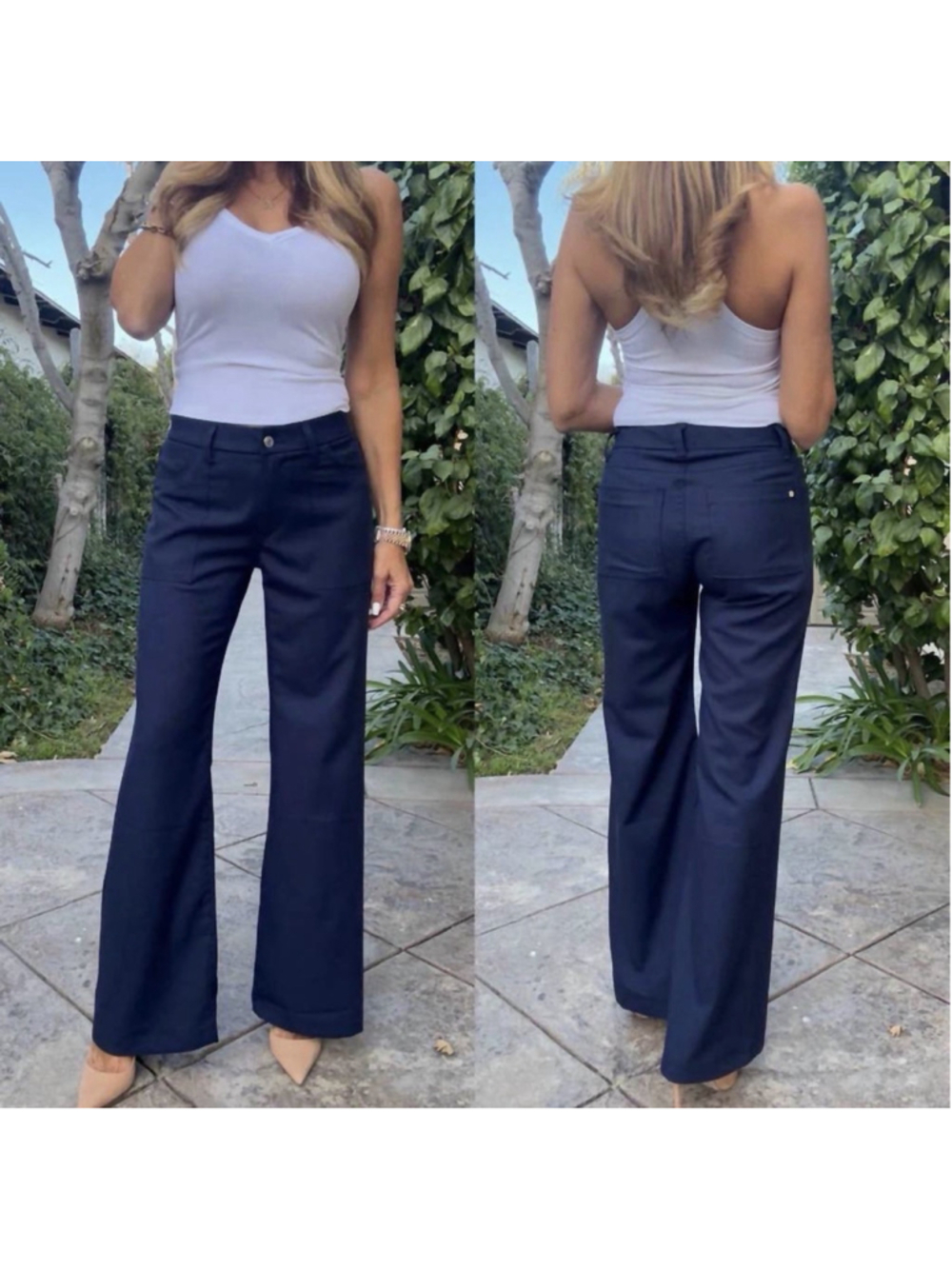 Bevy Flog NEW Christi Wide Leg Trousers Patch Pocket 26 Mid Rise 30” Inseam Blue